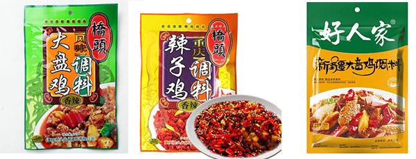 大盤雞調料包裝機設備-自動化大盤雞調料包裝生產(chǎn)線細節(jié)及樣品圖